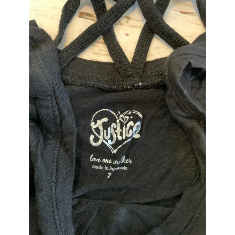 Justice Girls Black Laugh & Be Happy Glitter Graphic Tank Top Lattice Back Sz 7